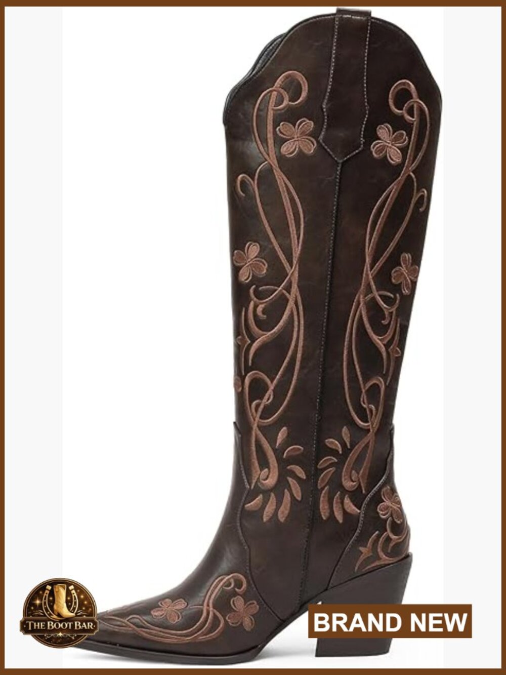 Knee High Cowgirl Boots with Floral Embroidery Western Pull-On